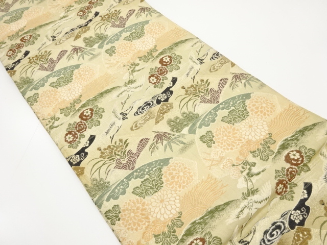 アンティーク　読み本に鶴・草花模様織り出し丸帯（材料）